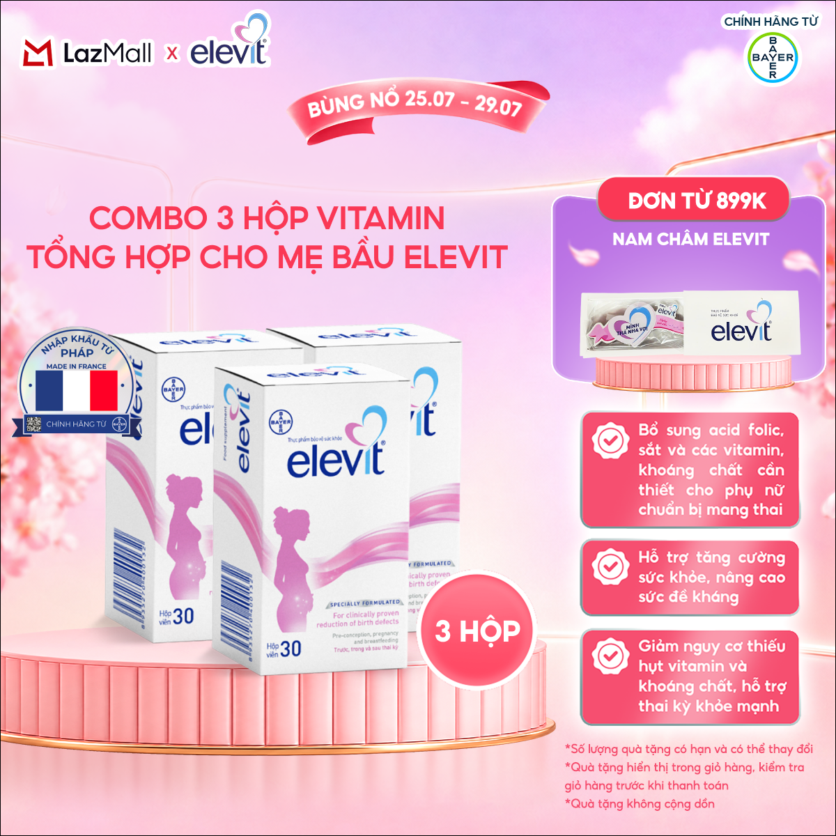 Bộ 3 Hộp Vitamin Bầu Tổng Hợp Elevit Cho Phụ Nữ Trước, Trong và Sau Thai Kỳ (30 Viên/ Hộp)