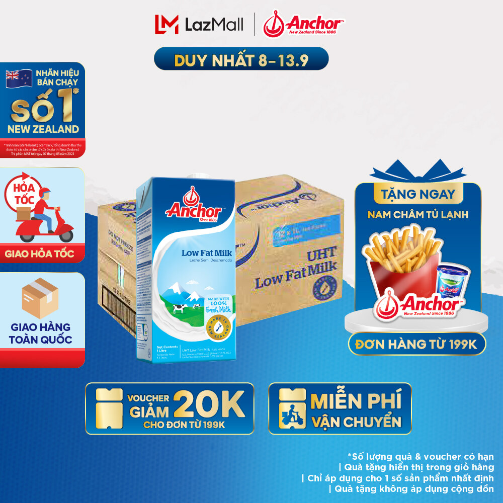 [GIAO HÀNG HỎA TỐC - HCM] Thùng 12 Hộp Sữa Tươi Tiệt Trùng Anchor Ít Béo Hộp 1 Lít