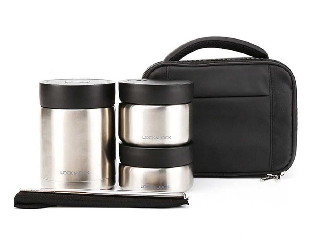 [HCM Giao siêu tốc 2h] Bộ 3 Hộp Cơm (460ml - 420ml - 280ml, kèm túi, đũa Lock&Lock) - Thép Không Gỉ Inox 304 Lock&Lock