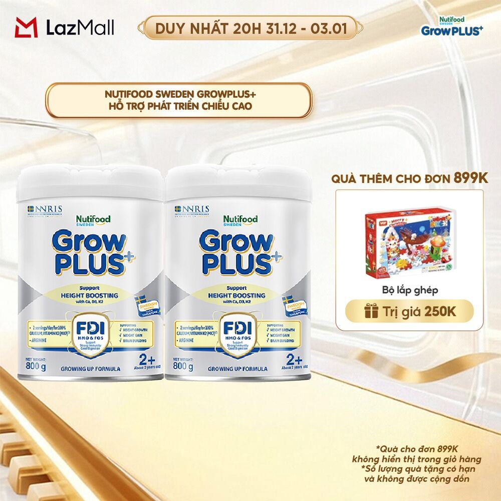  COmbo 2 Sữa Bột Nutifood Sweden GrowPLUS+ Cao lớn vượt trội - Hỗ trợ phát triển chiều cao trên 2 tuổi  Bạc  800g 