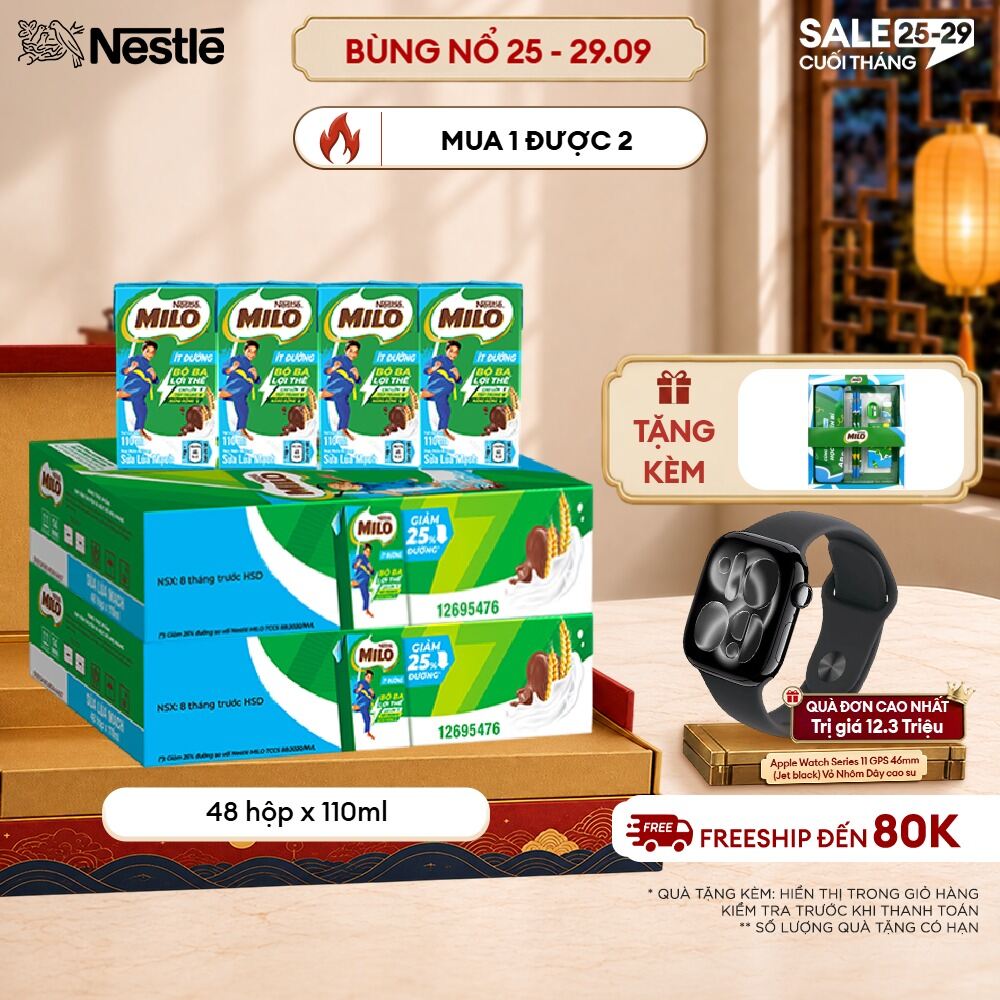Combo 2 Thùng  Sữa lúa mạch Nestlé® MILO® Ít Đường 48 hộp 110ml (4x110ml)