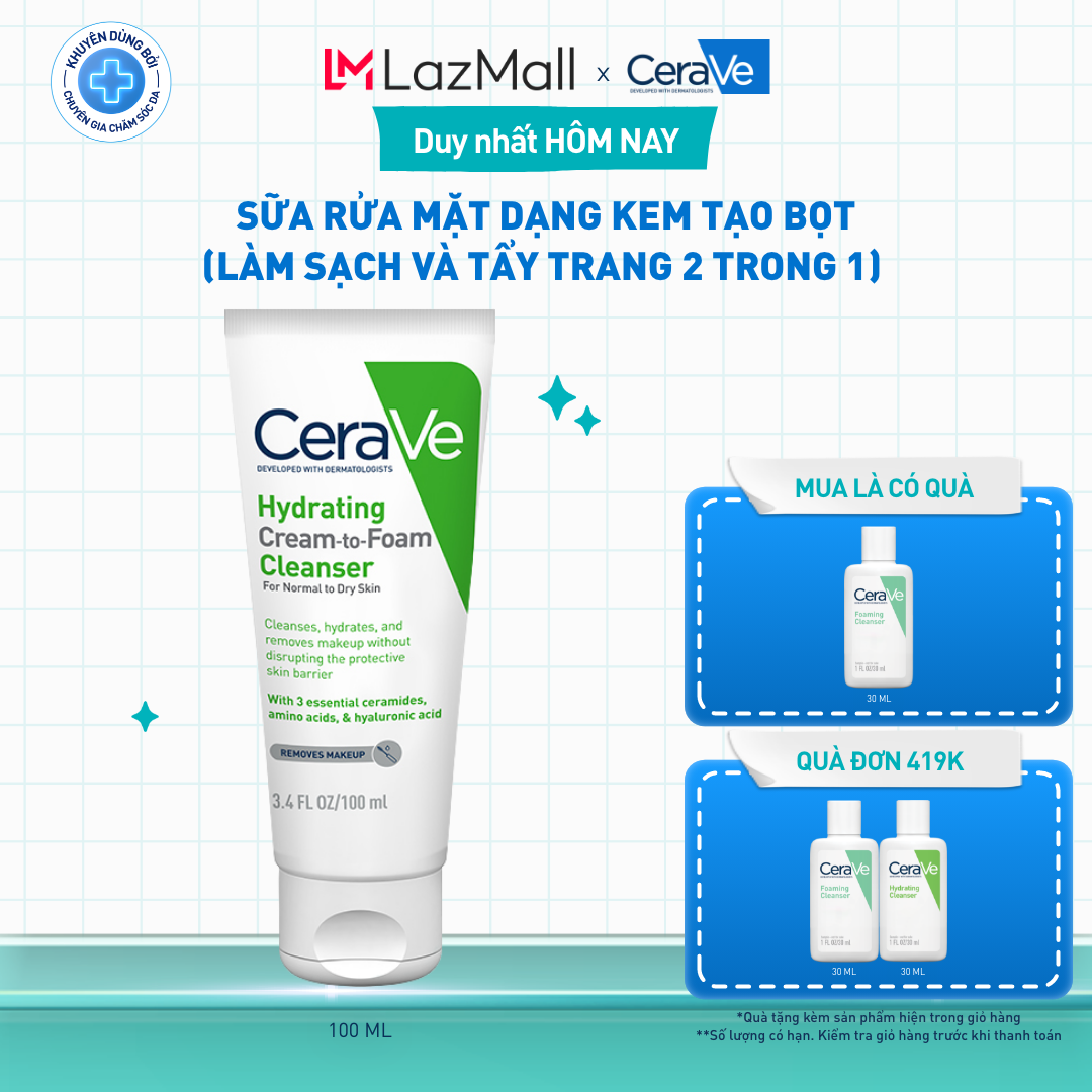 Sữa rửa mặt dạng kem tạo bọt (làm sạch và tẩy trang 2 trong 1) Hydrating Cream-to-Foam Cleanser 100ml