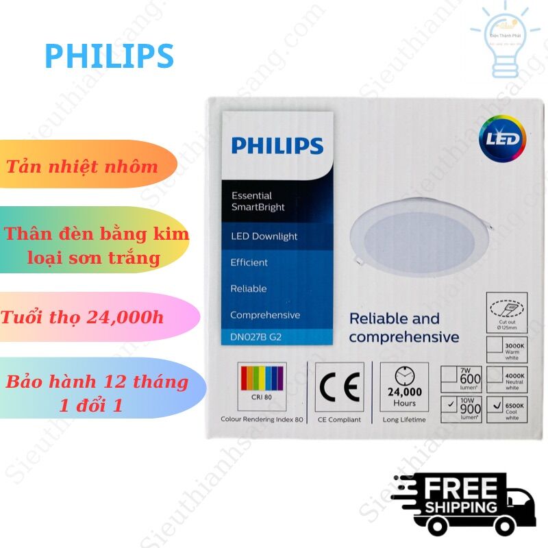 Bộ đèn âm trần PHILIPS tản nhiệt nhôm công suất (7W 10W 14W 17W 22W) tuổi thọ đèn bền hơn DN027G G2 - sáng trắng/sáng vàng/ trung tính