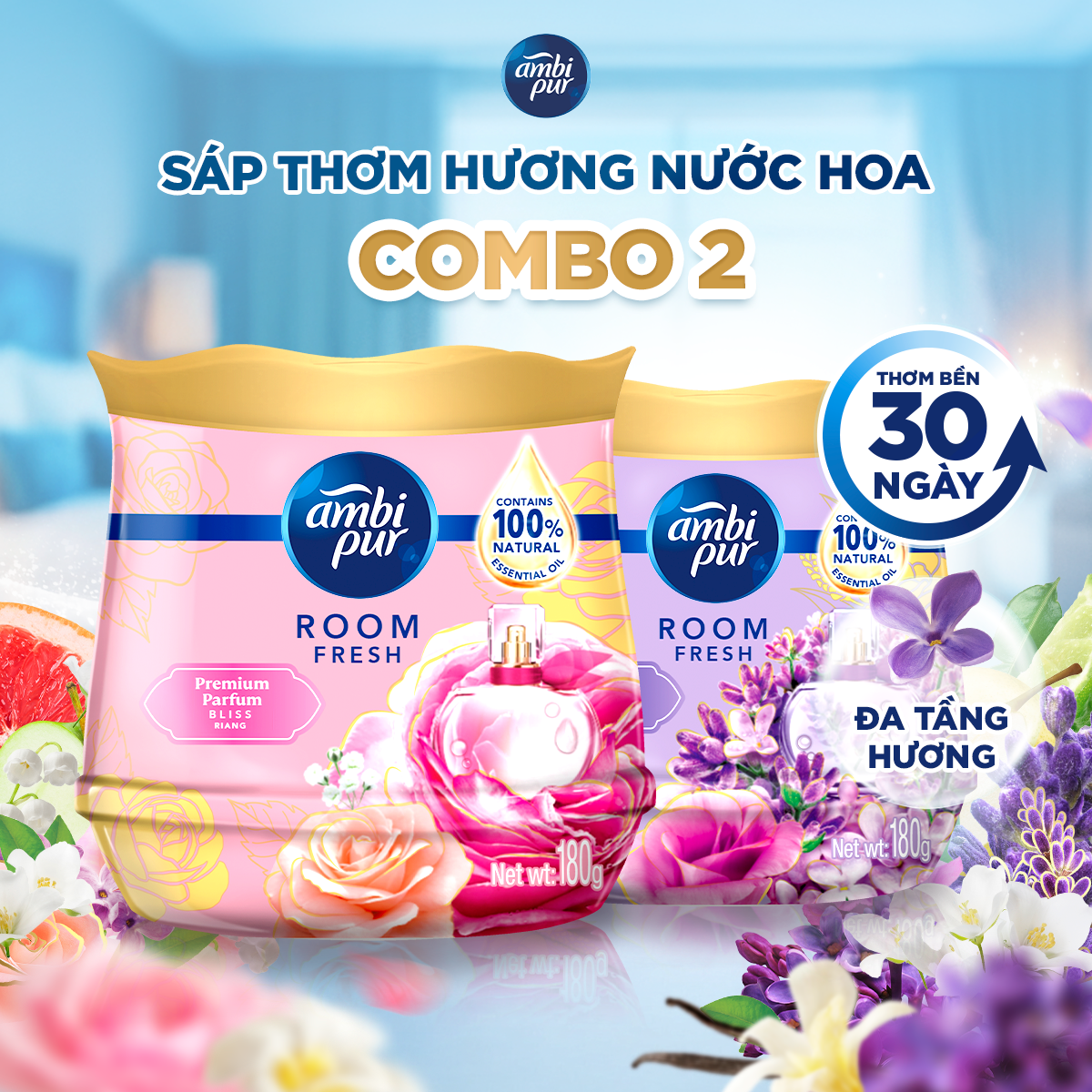 Combo 2 Sáp Thơm AMBI PUR Khử Mùi Khó Chịu Hương Mộng Mơ/ Hạnh Phúc Hộp 180G