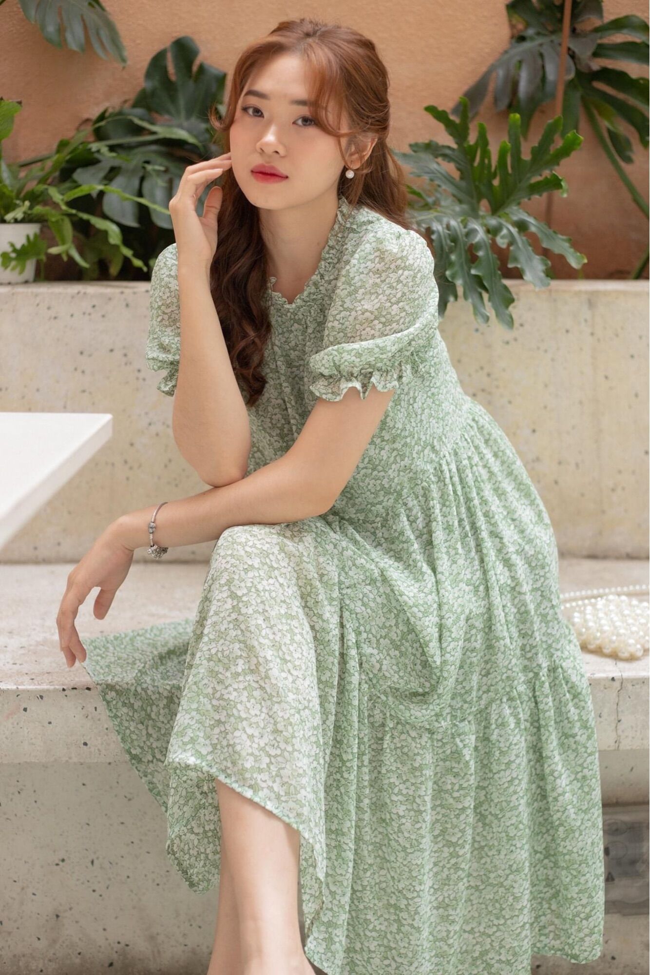 Váy babydoll xanh hoa nhí