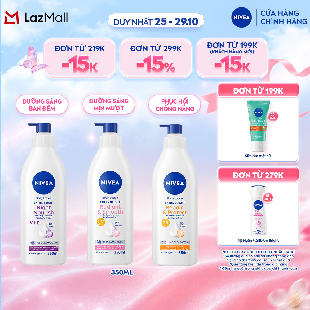 Sữa Dưỡng Thể NIVEA Extra Bright Dưỡng Sáng Mịn Da/Chống Nắng Ban Ngày/Sáng Da Ban Đêm (350ml) - 88311/98413/98412