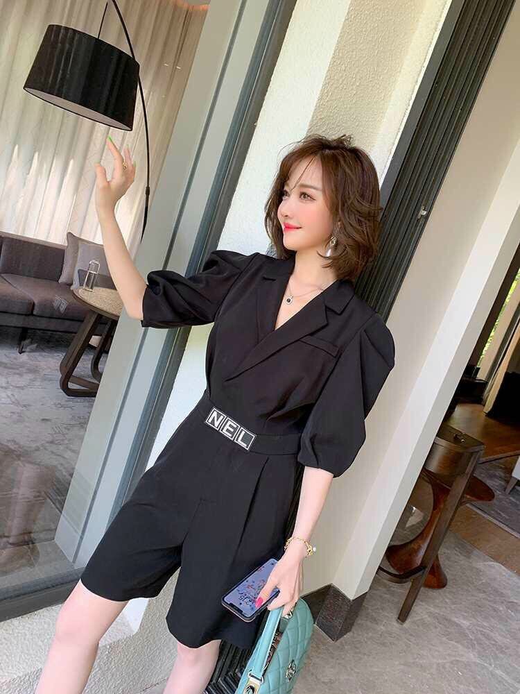 Set bộ liền áo cổ vest quần kèm thắt lưng