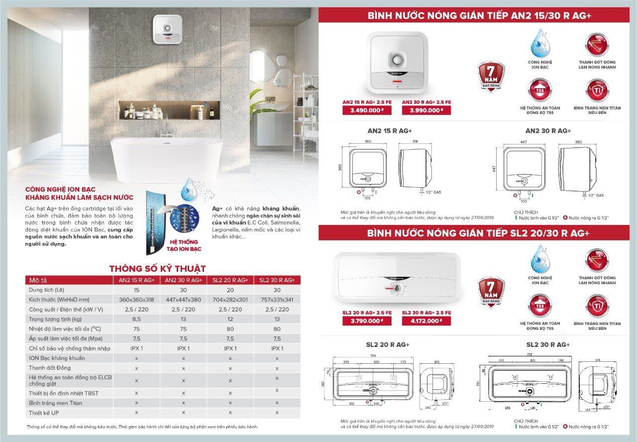 Bình nóng lạnh Ariston 30L vuông kháng khuẩn