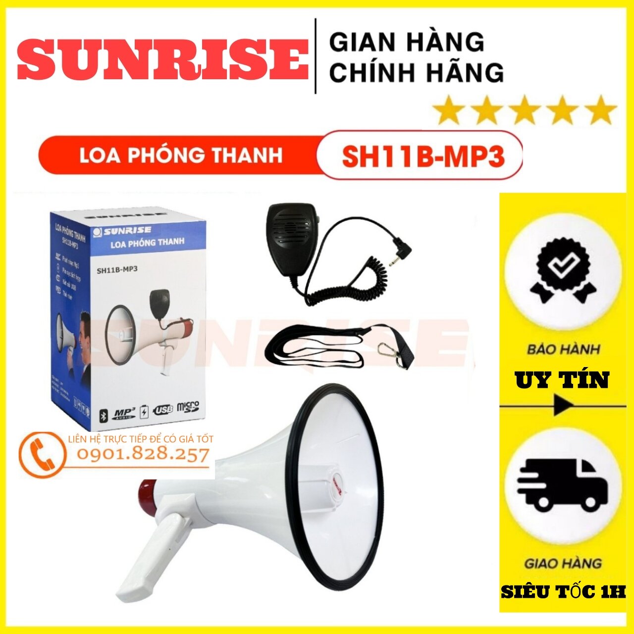 Loa phóng thanh ngoài trời chính hãng Sunrise SH-11B, có pin sạc, kèm micro cầm tay