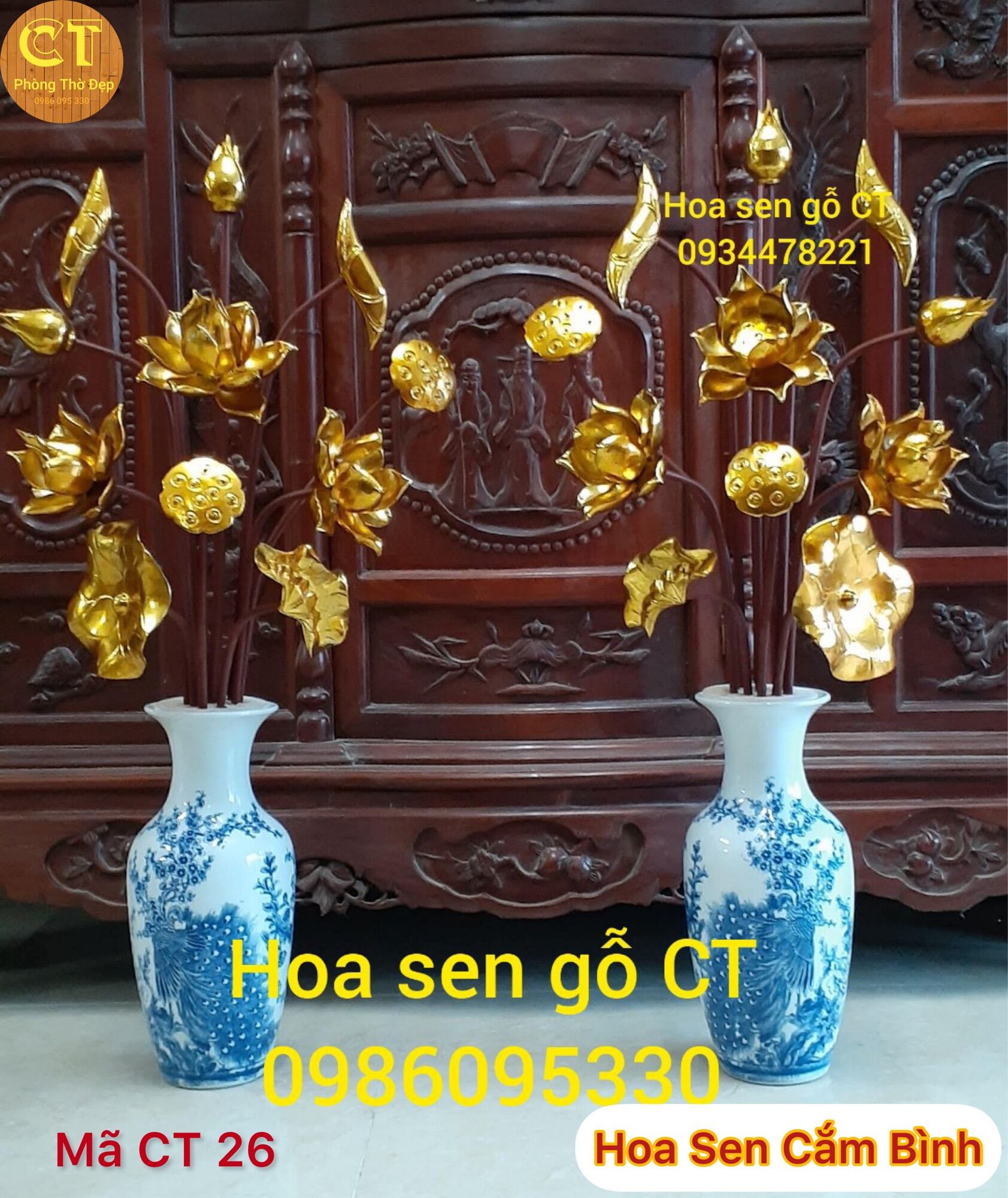 Hoa Sen Gỗ Mít Sơn Son Thếp Vàng Không Bình