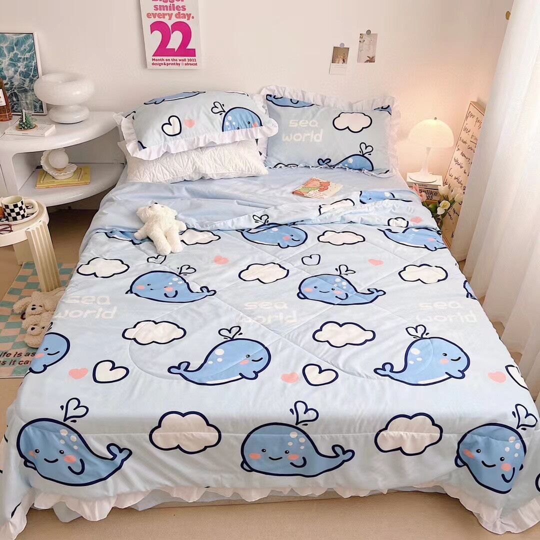 Bộ ga gối + chăn hè trần bông mỏng vải cotton đũi mẫu CÁ xanh