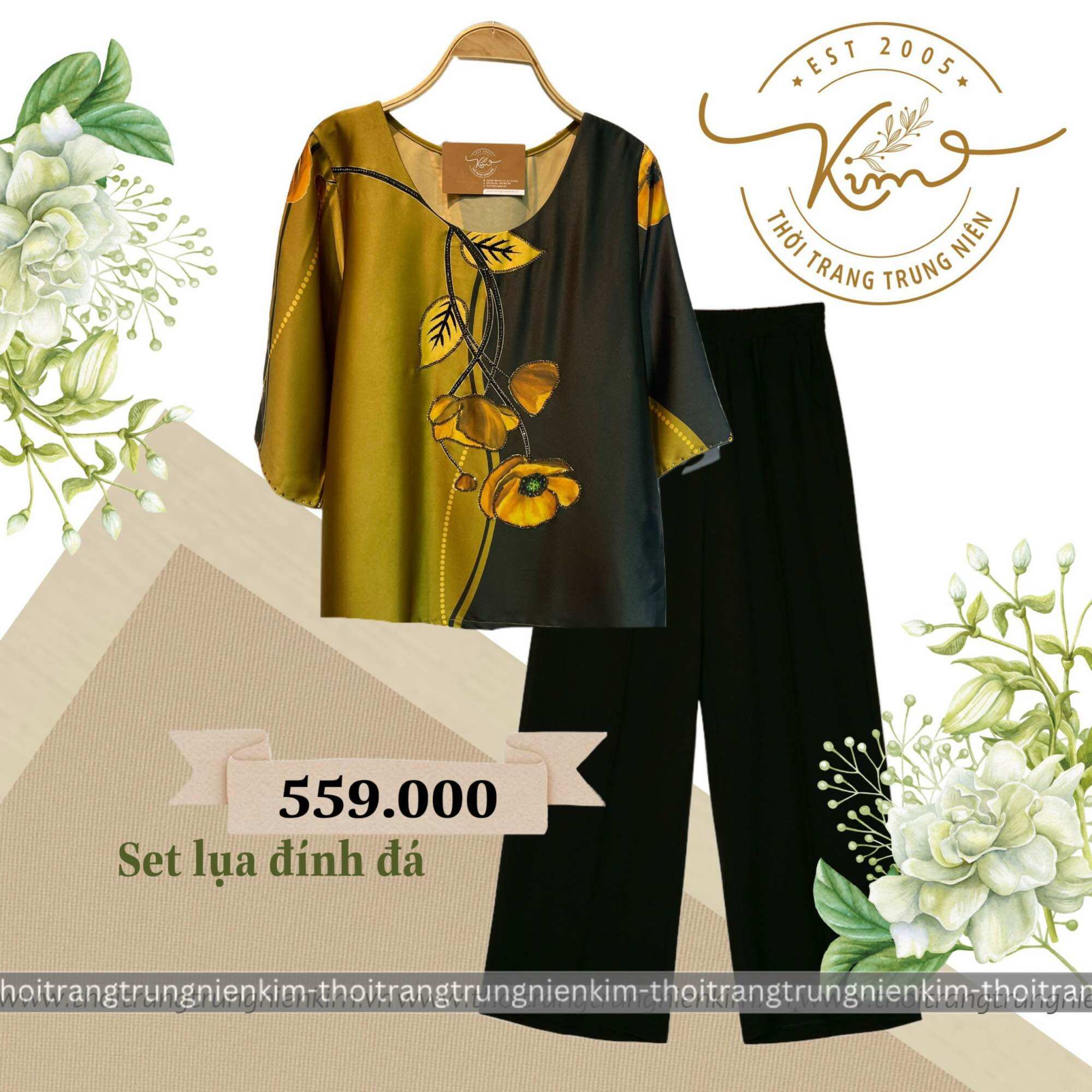Set áo lụa phối màu hoạ tiết cành hoa đính đá phối quần tây phù hợp với mọi lứa tuổi