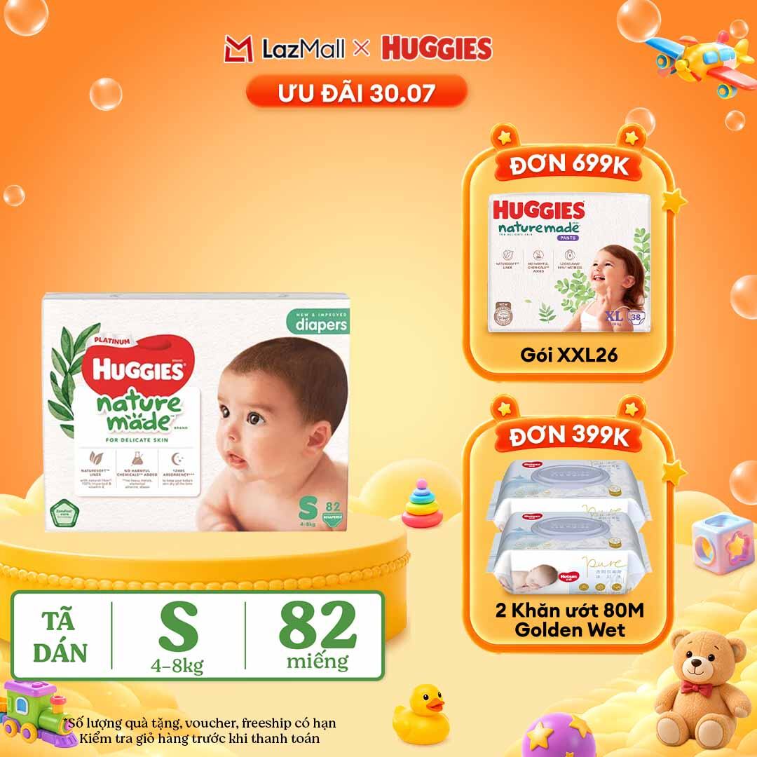 [30.7 QUÀ TẶNG ĐƠN 399K] Tã/Bỉm dán sơ sinh Huggies Platinum NatureMade S82 (4-8kg)-Gói Super Jumbo 82 miếng