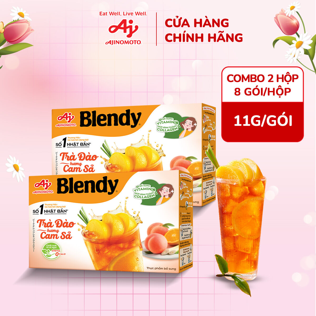 Combo 2 Trà Đào Hương Cam Sả Blendy® 11g/Gói (1 Hộp 8 Gói)