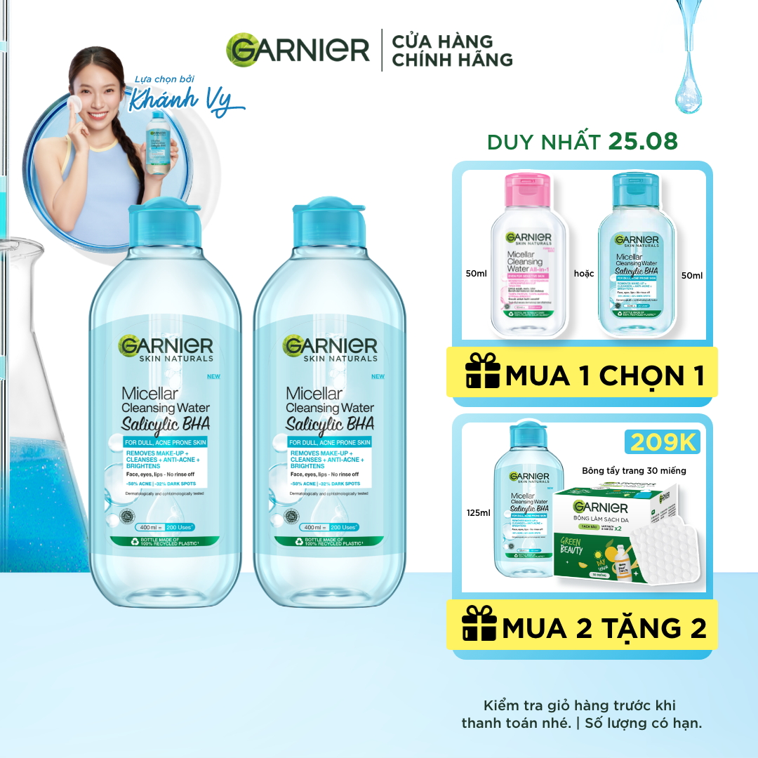 Bộ đôi Nước tẩy trang Garnier Cho Da Dầu Mụn Salicylic BHA Micellar 400mlx2 (mới)