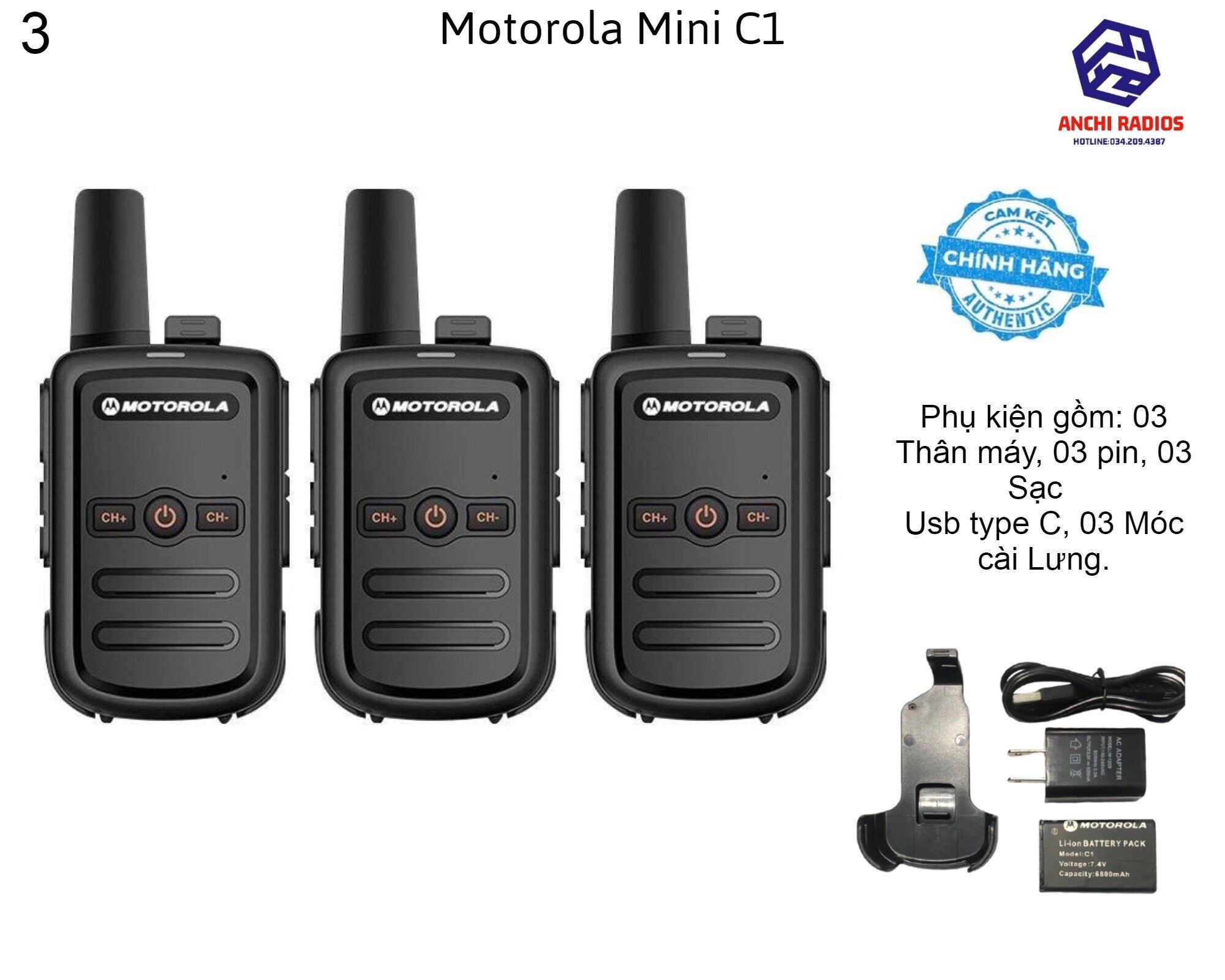 Bộ 3 Máy Bộ Đàm Mini Motorola C1(Loa chống bụi, Dung lượng pin cực lớn >18 tiếng,siêu bền, Âm Lượng To, Cự ly liên lạc >1,5km)