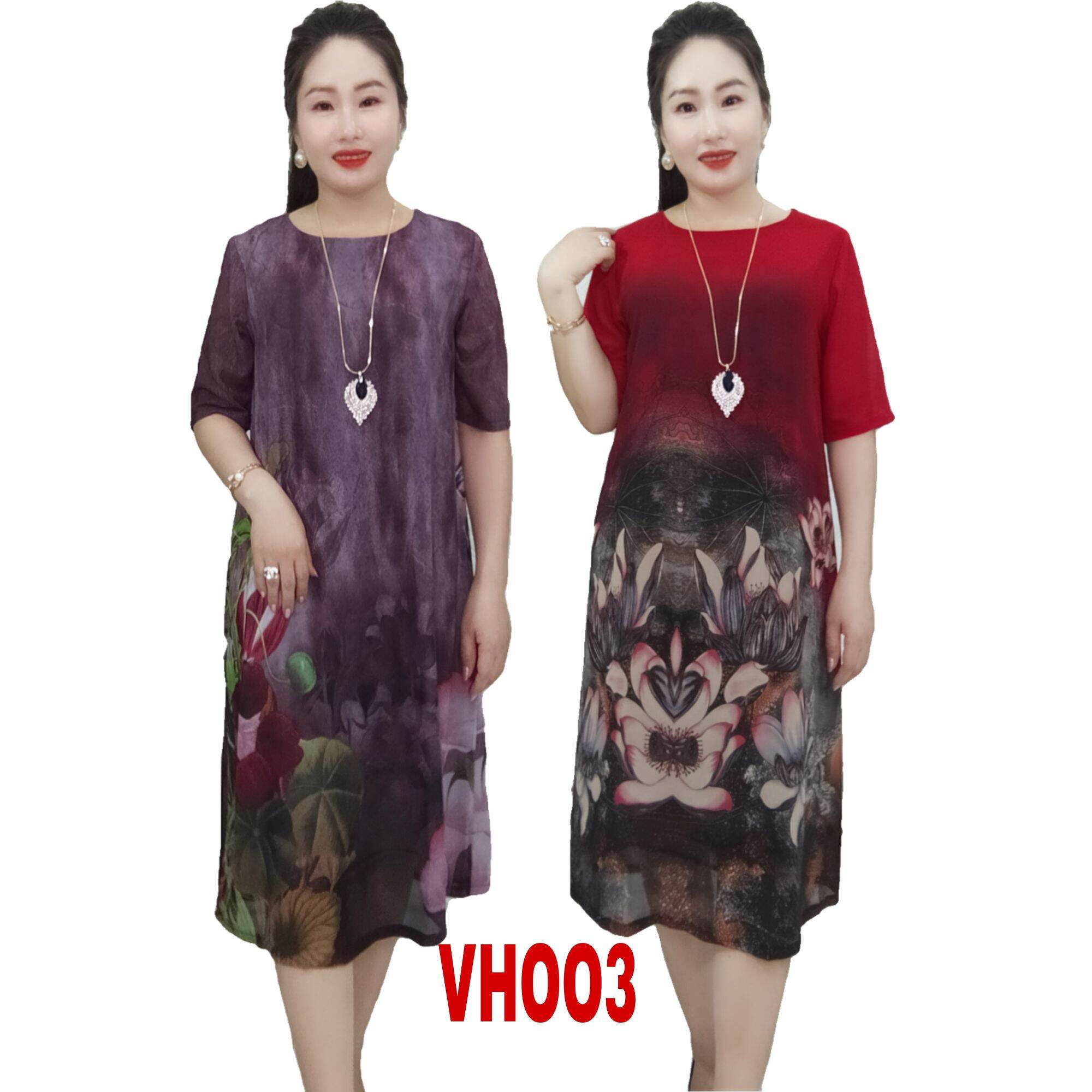 Váy Đầm trung niên vải voan chifong dáng suông A che bụng tôn dáng tôn da