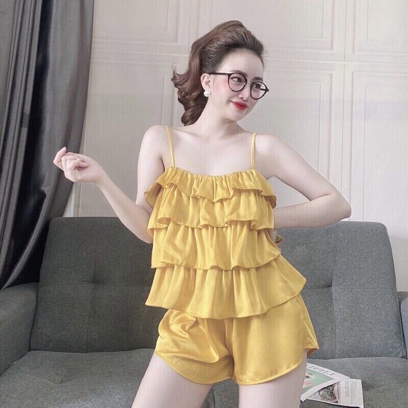 Bộ ngủ nữ 2 dây 4 tầng bèo chất lụa satin