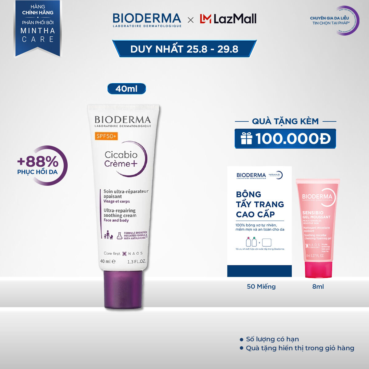 Kem phục hồi da tổn thương, ngăn ngừa sẹo và hạn chế tăng sắc tố cho da Bioderma Cicabio Crème+ SPF50+ 40ml