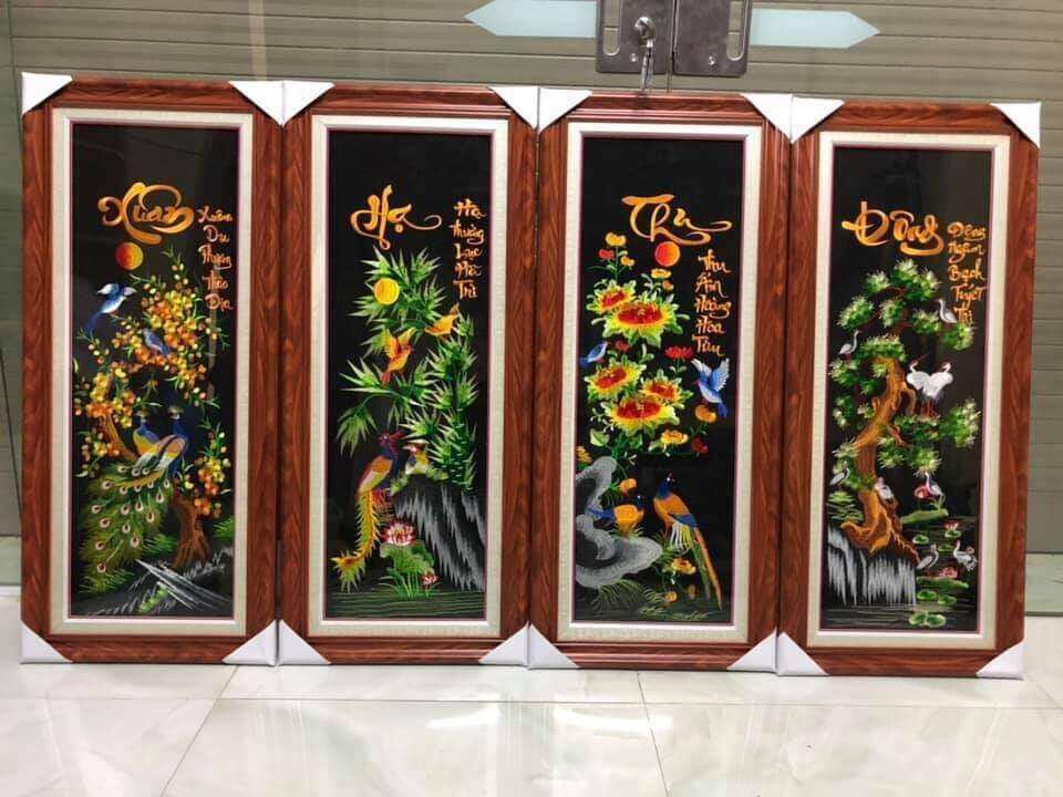 tranh tứ quý thêu sẵn