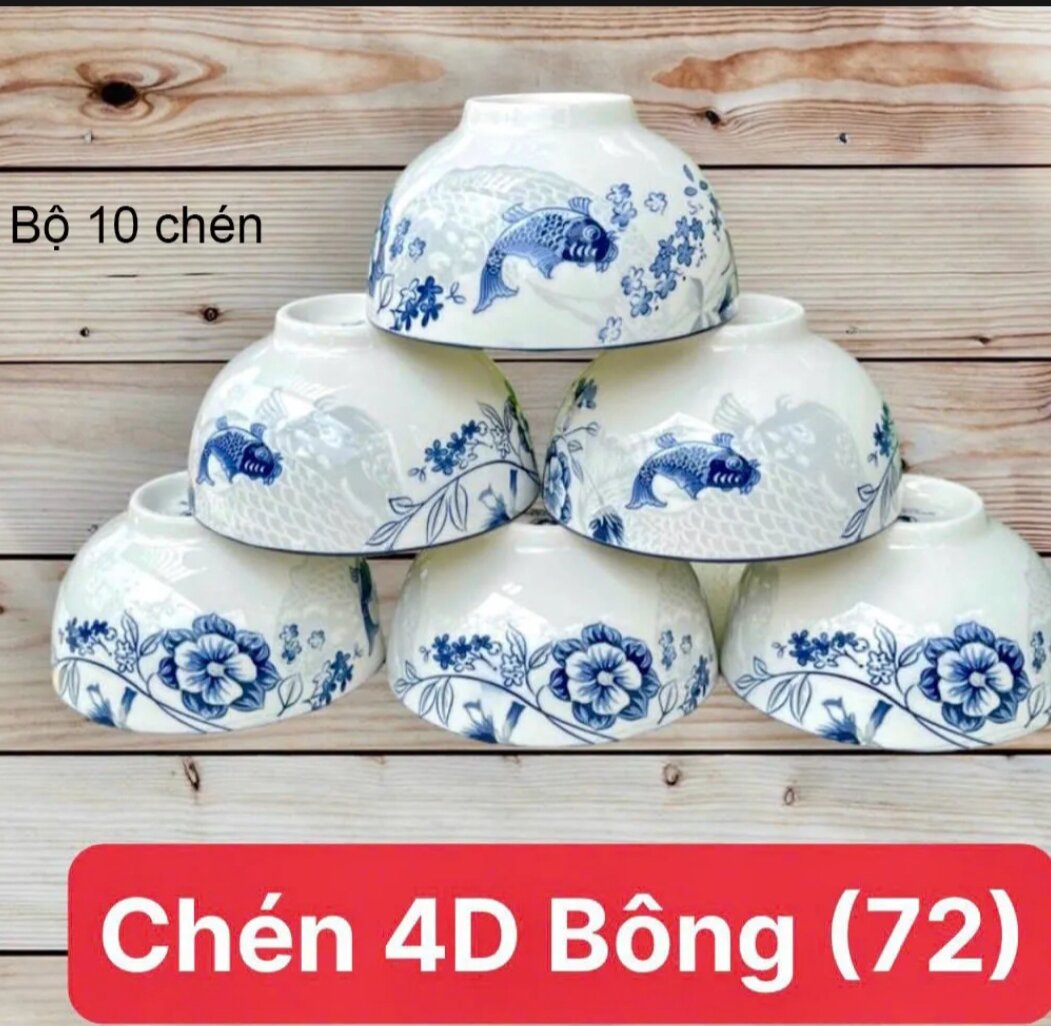 Bộ 10 chén sứ ăn cơm 🍚 in hoạ tiết 4d hình con cá chép, đẹp mắt sang trọng
