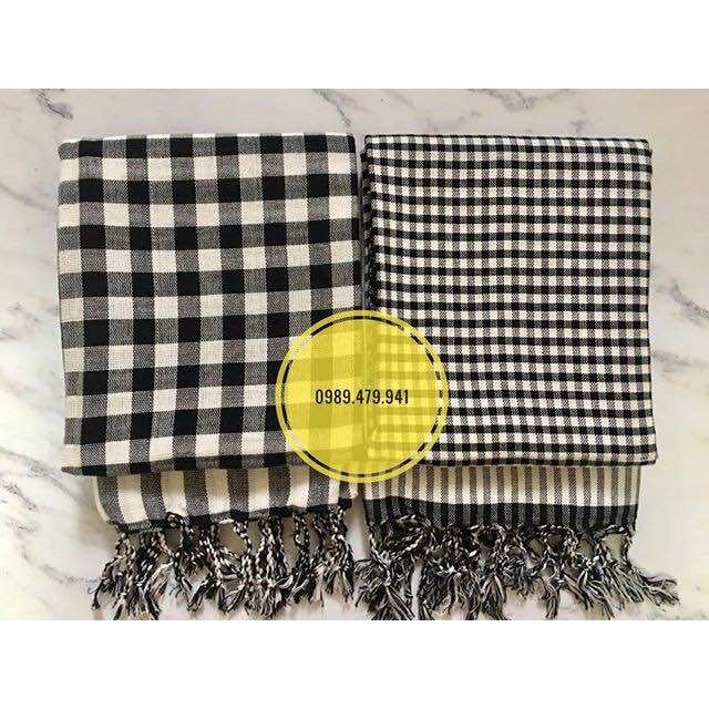 Khăn rằn Campuchia 1m7 x 0.6m, đen trắng truyền thống kẻ to, vải cotton