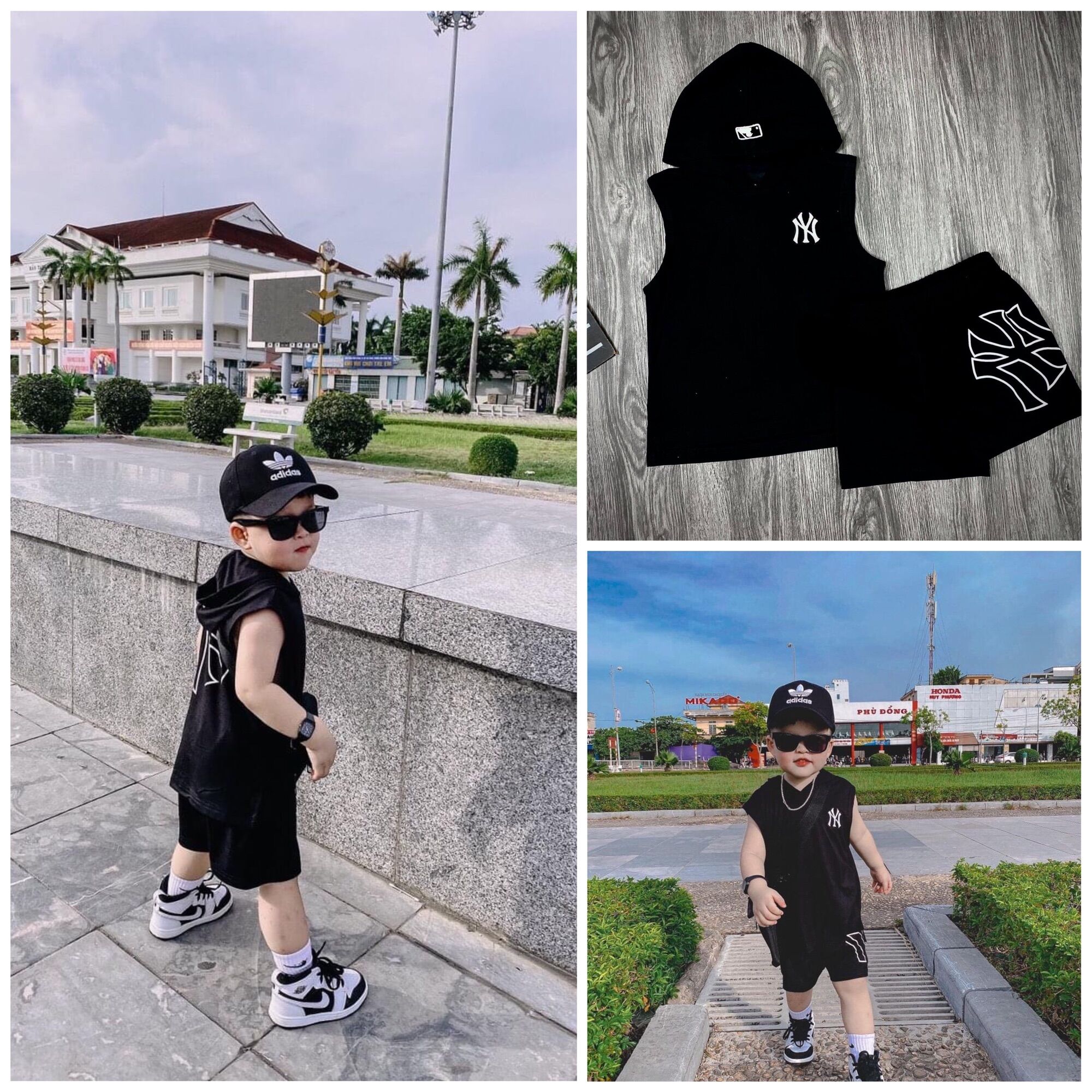 Bộ cộc tay MLB thể thao sát nách có mũ cho bé