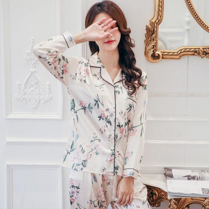 Pizama nữ lụa/pizama tay dài quần dài lụa la tinh thiết kế M L XL/ pizama lụa quảng châu cao cấp có viền