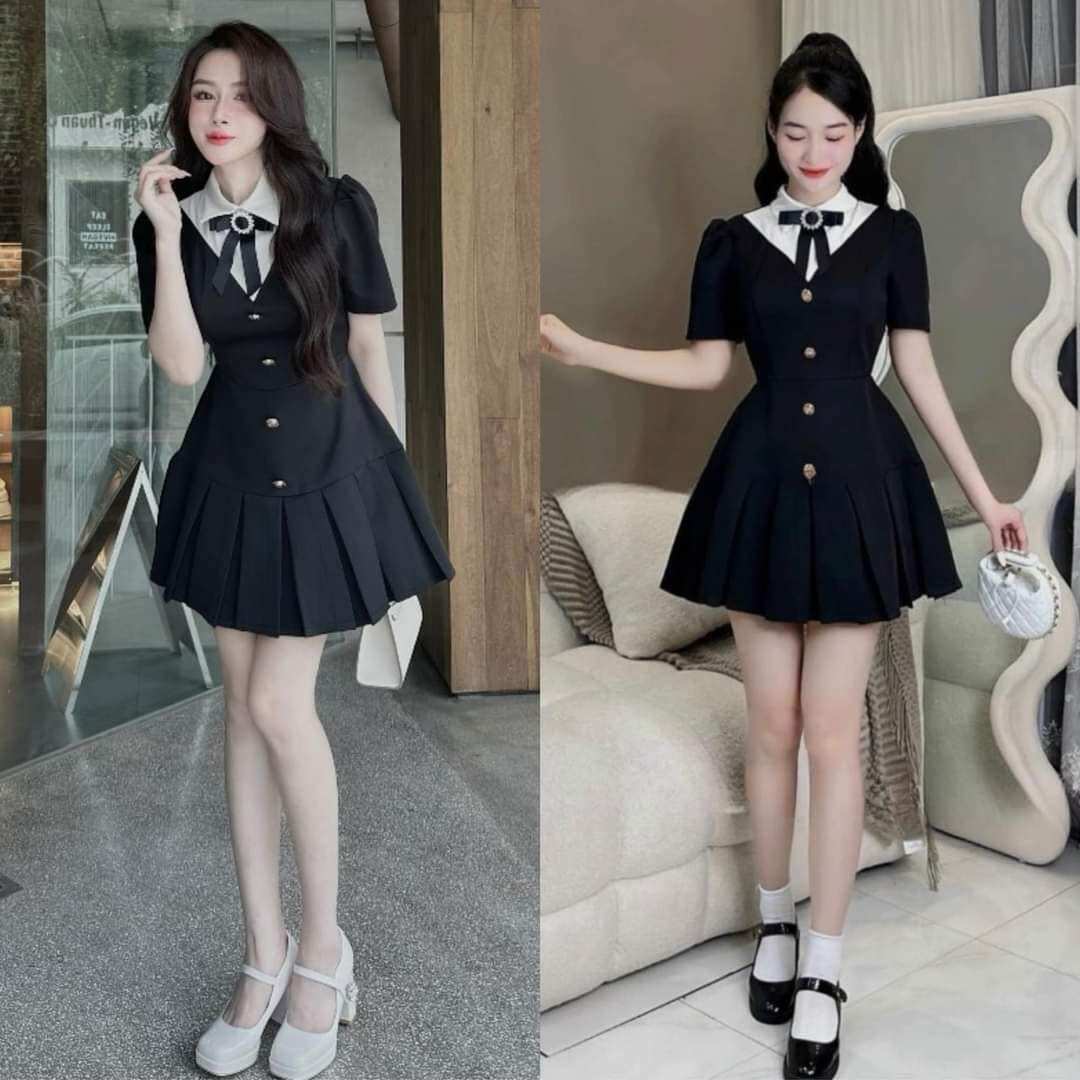 50-90kg Bigsize Đầm Đi Tiệc Mini Cổ Nơ Tiểu Thư