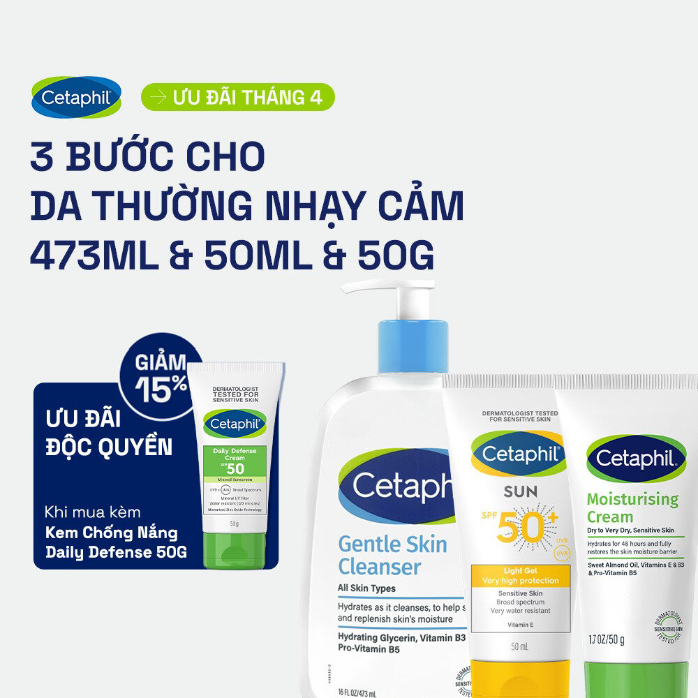 Combo 3 Bước Cetaphil Chăm Da Dịu Lành: Sữa rửa mặt 500ML + Kem dưỡng ẩm 50G + Gel chống nắng SPF50+