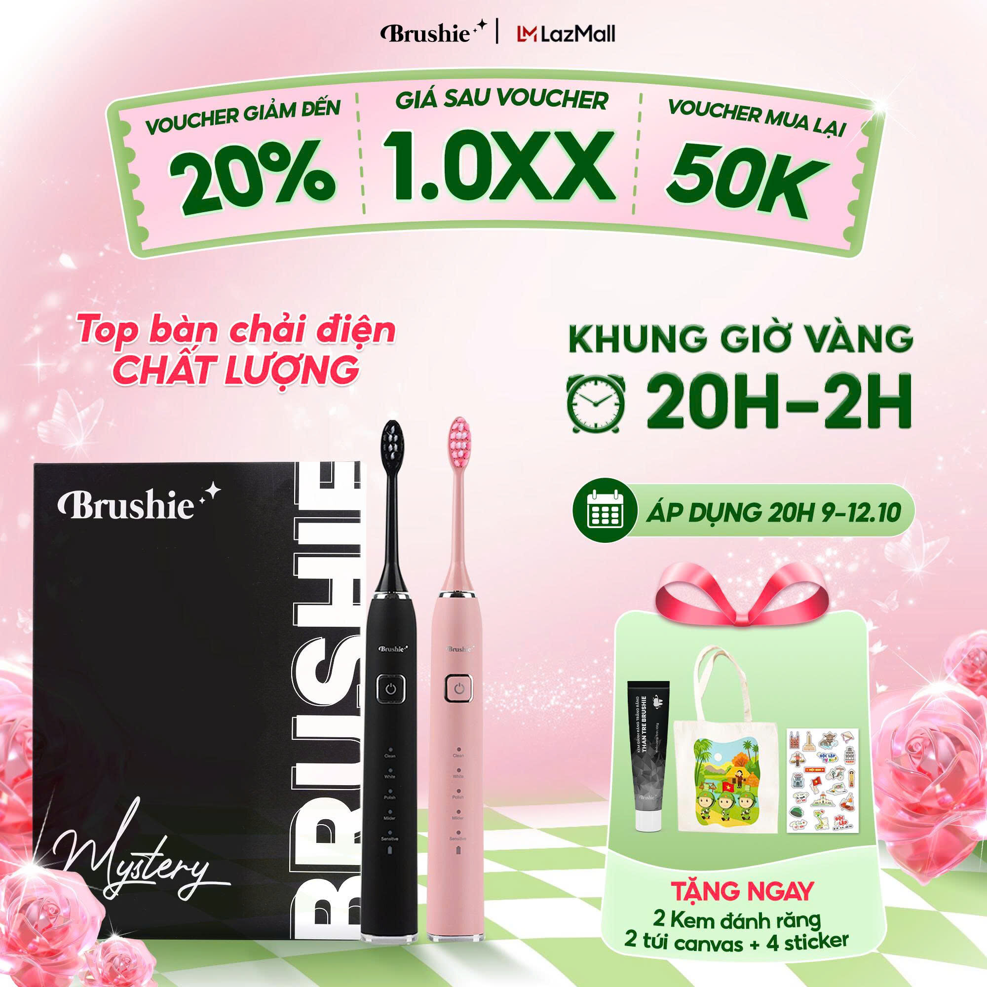 COMBO 2 bàn chải điện Brushie Ultra Plus - Combo bàn chải cho cặp đôi. Máy đánh răng 5 chế độ phù hợp cho cả người niềng răng