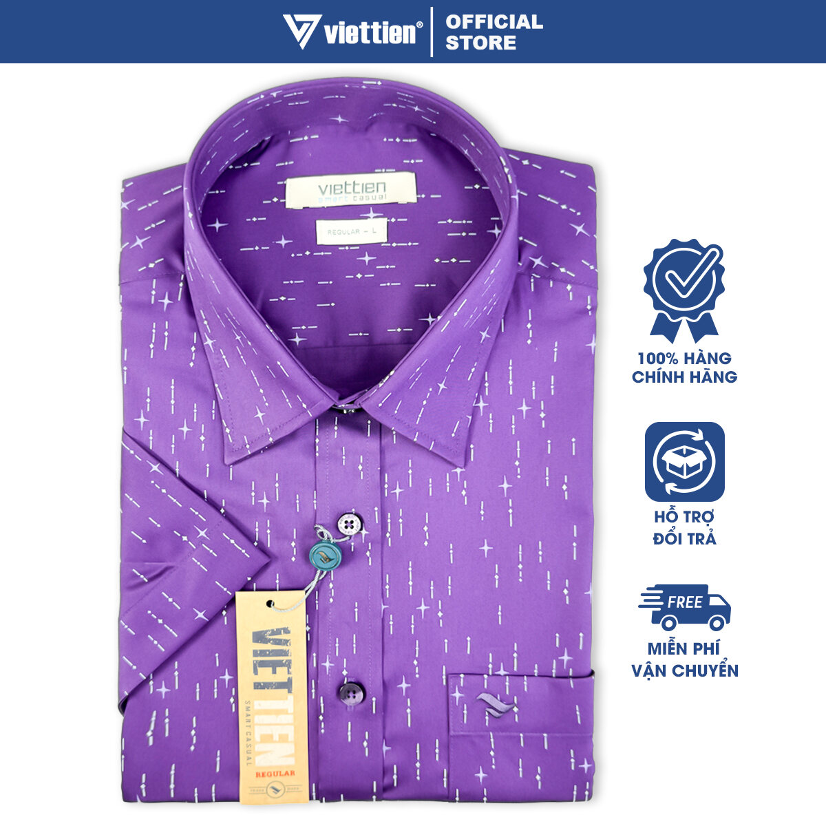 VIỆT TIẾN SALE - Áo Sơ Mi Viettien Smart Casual Tay Ngắn, Màu Hoa Văn Tím, Form Regular, Lai Ngang, Quà Tặng Nam Công Sở