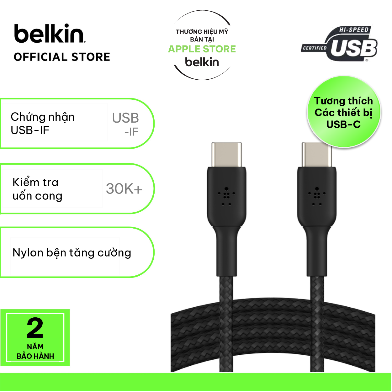 Cáp sạc nhanh USB Type C to USB Type C BOOST↑CHARGE™ Belkin vỏ dù, 1 mét, 60W CAB004 (tương thích iPhone 15)