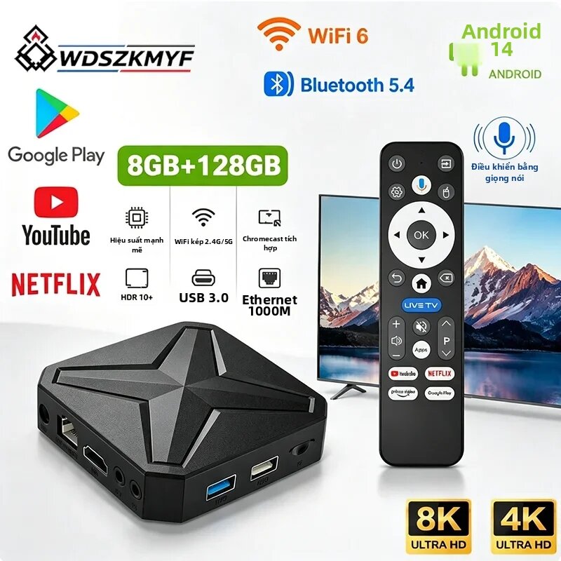 Hộp Giải Mã Truyền Hình Thông Minh Android 14 8K UHD, Bộ Nhớ 8GB+128GB, WiFi 6, Hỗ Trợ Trợ Lý Giọng Nói Google, Hỗ Trợ Đa Nền Tảng Phát Trực Tuyến