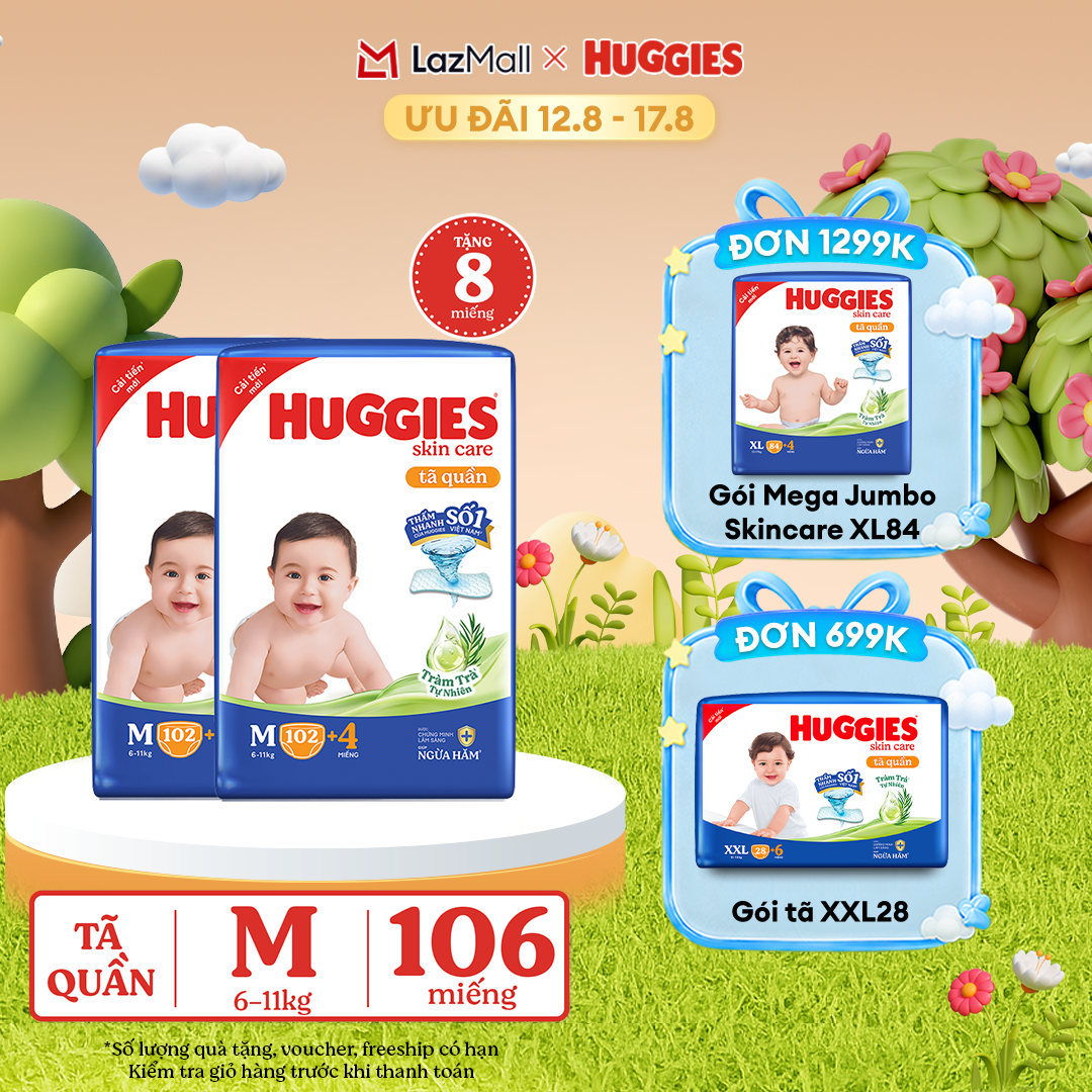 [12-17.08 GIẢM THÊM 90K] Combo 2 Gói Tã/bỉm quần HUGGIES SKINCARE MEGA JUMBO size M102+4 miếng