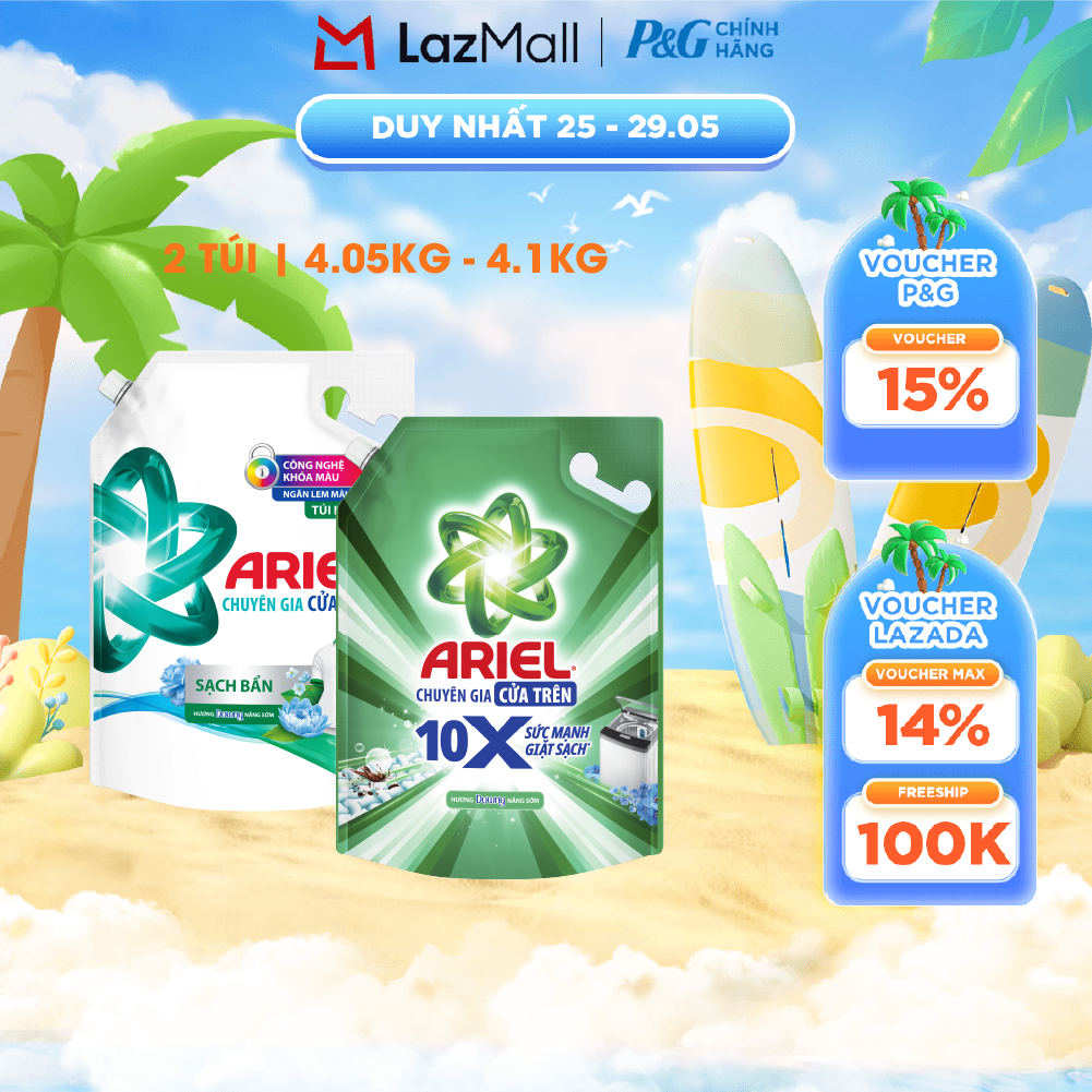 Combo 2 Nước Giặt Cửa Trên ARIEL Ngăn Lem Màu, Quần Áo Siêu Thơm Hương Sạch Sâu Nắng Mai Túi 4.1KG