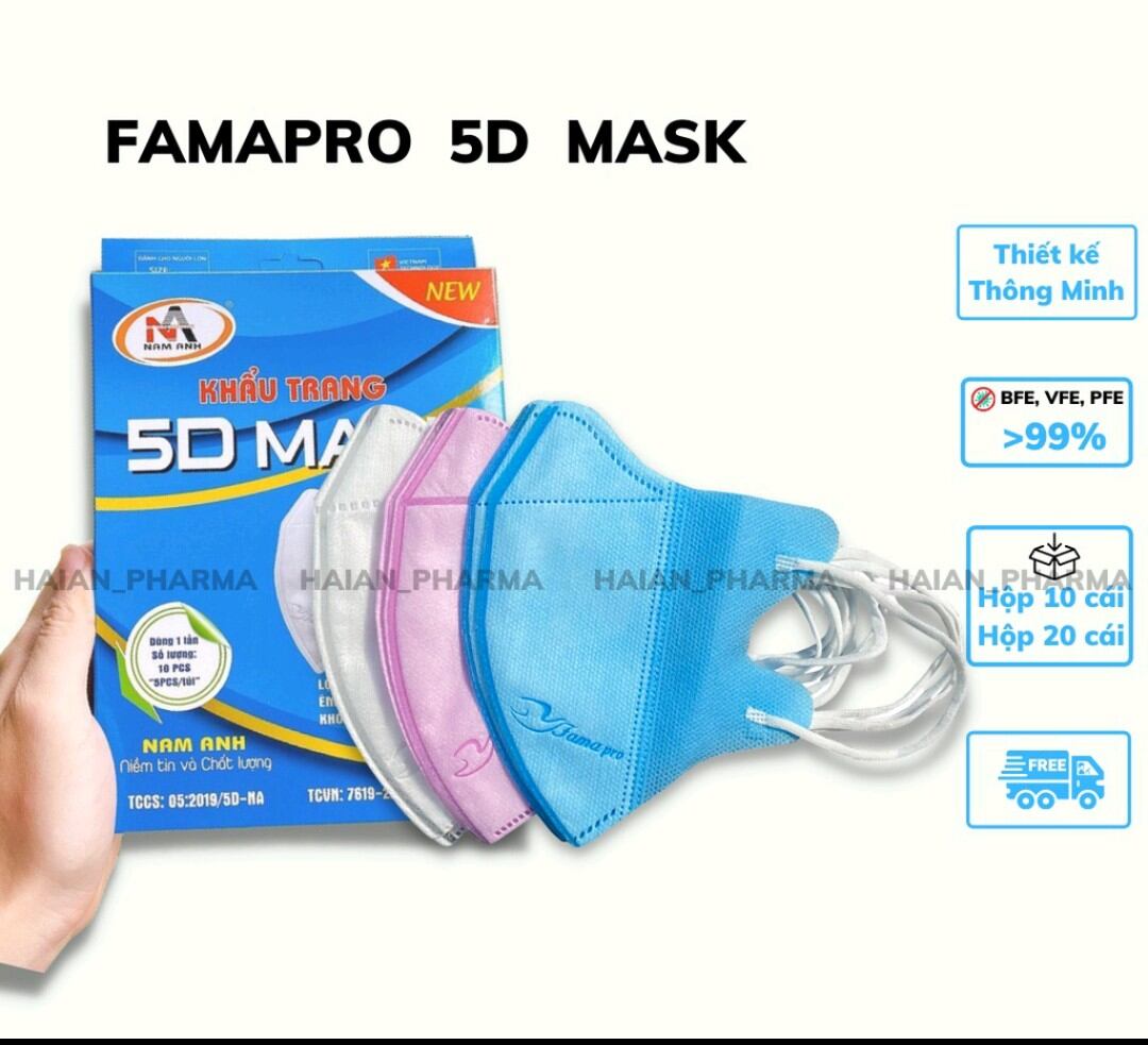 Khẩu trang 5D Mask Famapro quai thun 3 lớp kháng khuẩn hộp 10 - 20 cái
