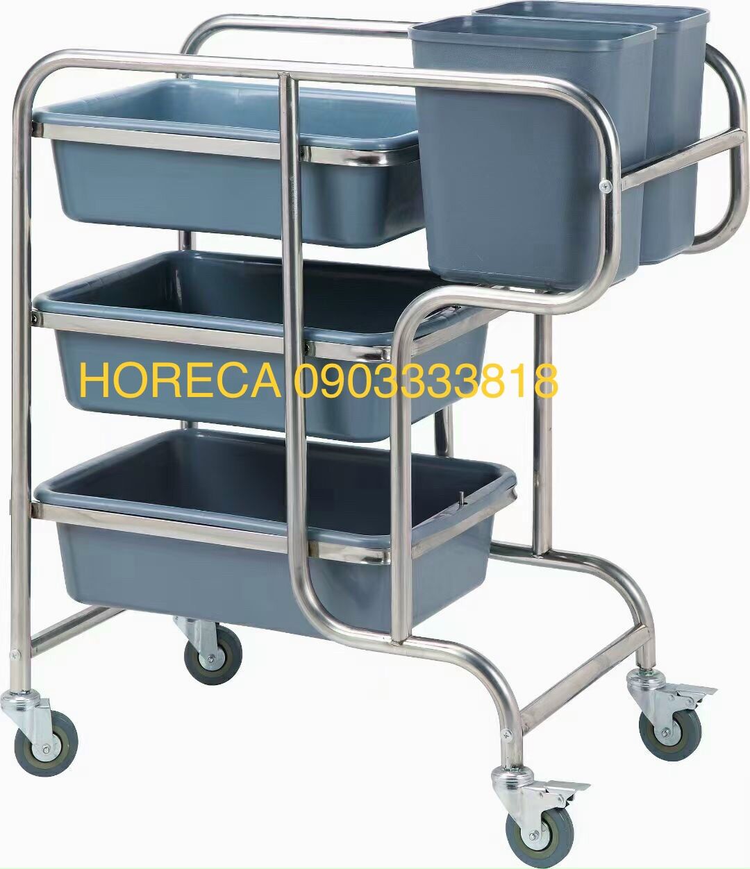 Xe đẩy dọn chén bát đũa, thức ăn inox 3 tầng kèm 5 xô