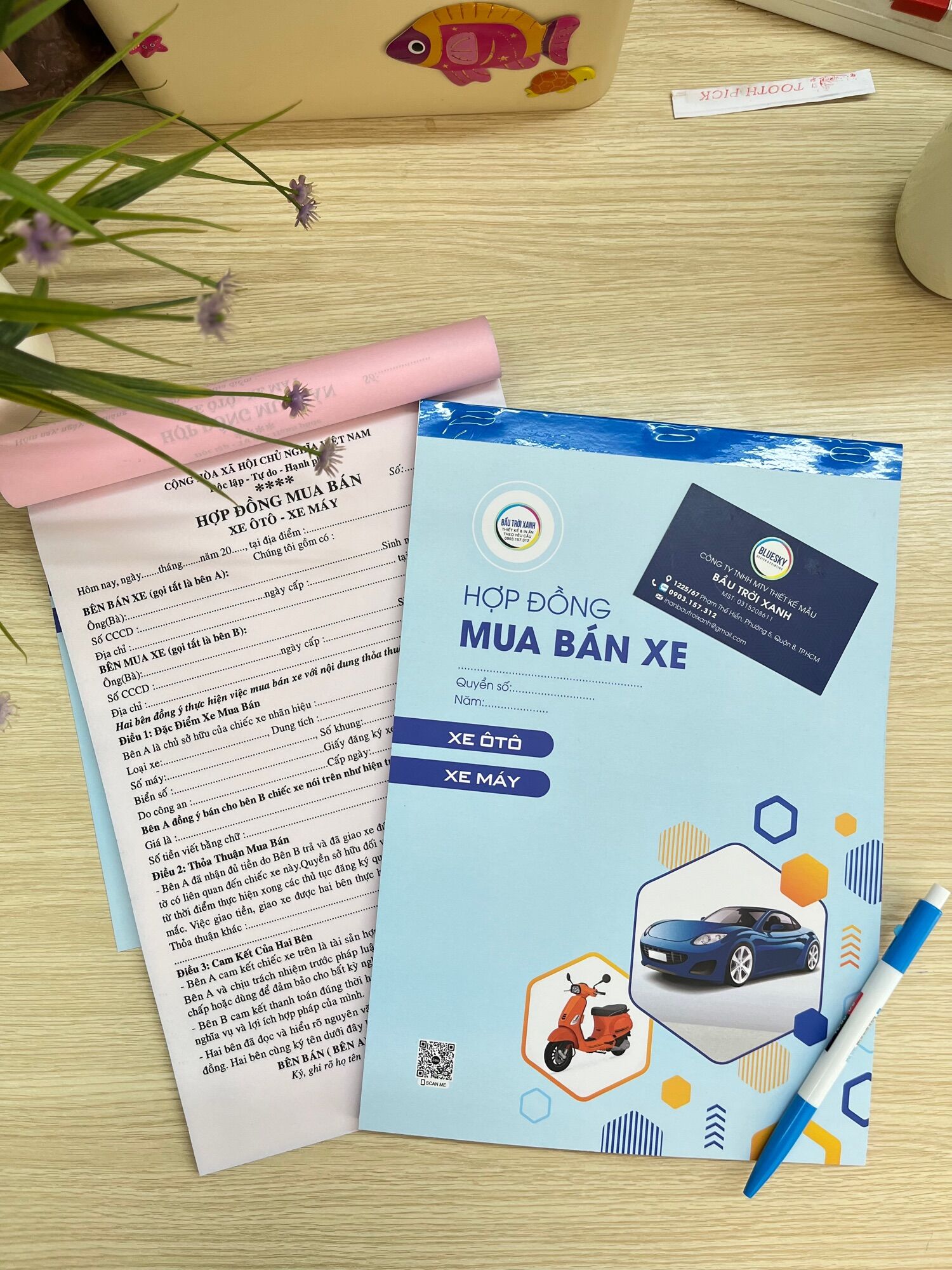 Hợp đồng mua bán xe khổ A4 2 liên 100 tờ/quyển