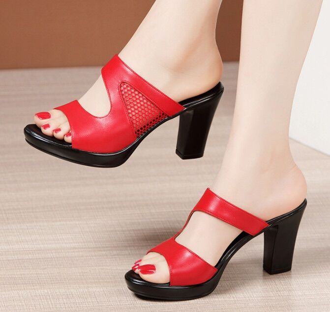 Dép cao gót khoét eo phối lưới 1 bên @)8999