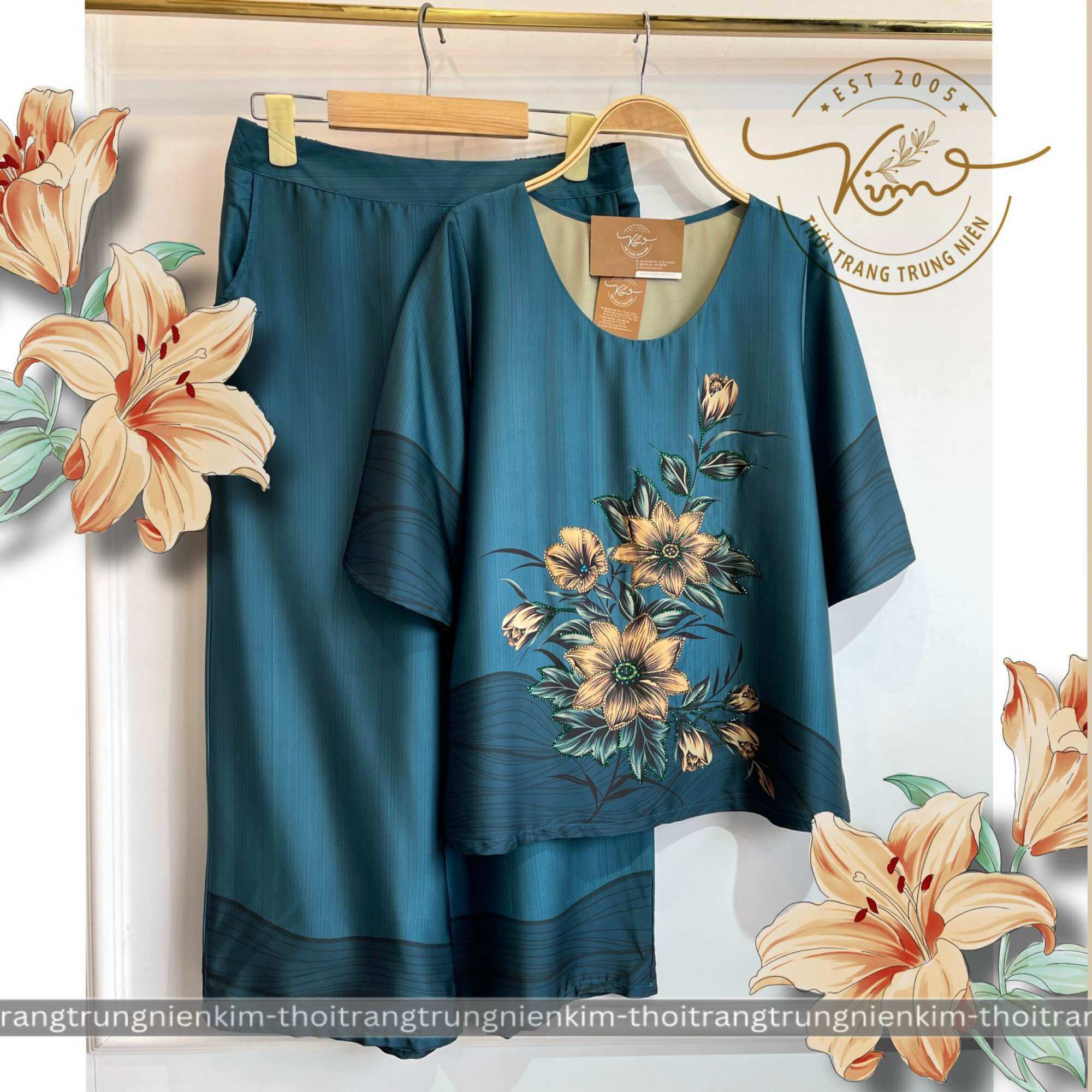Sét bộ lụa trung niên cao cấp hoa văn xinh xắn sang trọng Bigsize quần dài 85cm