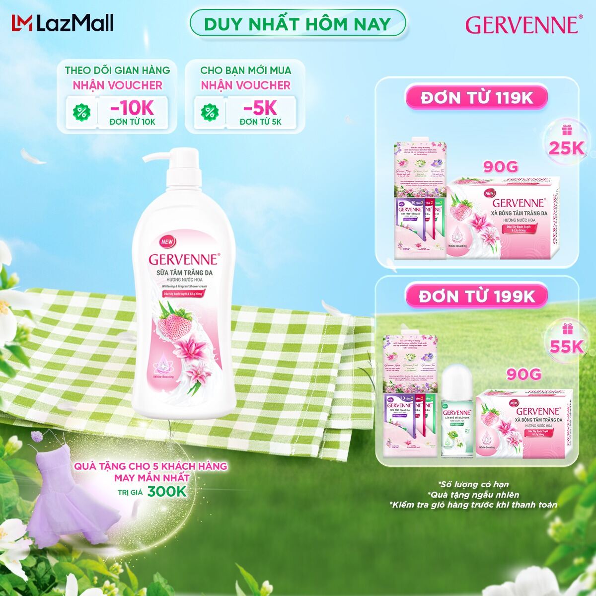 Sữa tắm trắng da hương nước hoa Gervenne Dâu Tây Bạch Tuyết và Lily Hồng (900g/chai)