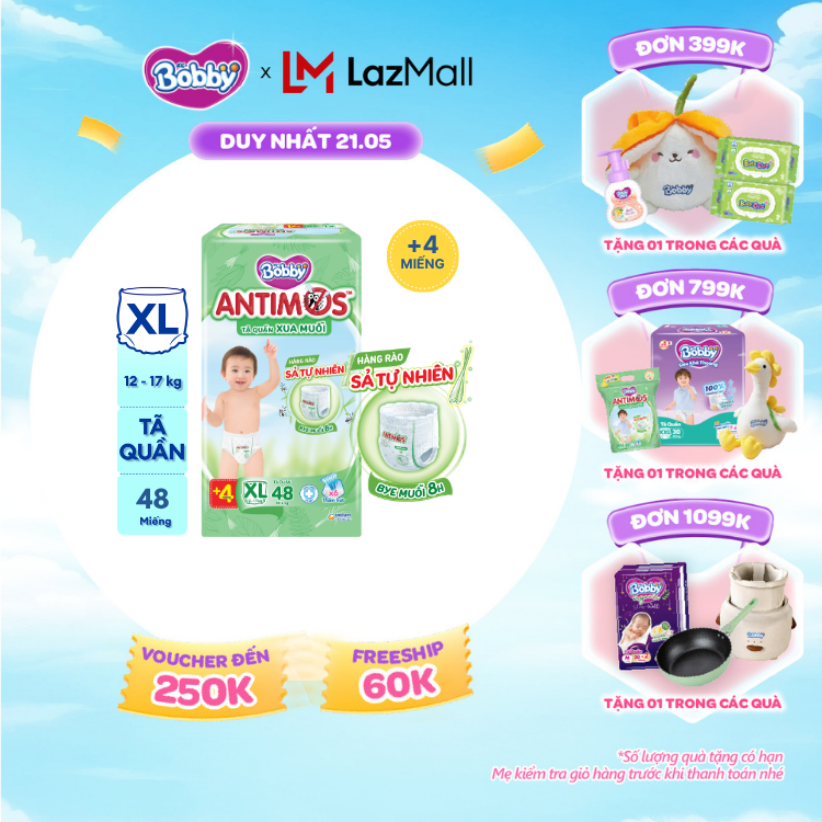 [SALE CUỐI THÁNG tặng QUÀ TO-SLCH][TẶNG KÈM 4 MIẾNG] Tã Quần Xua Muỗi Bobby Antimos – Hàng rào Sả tự nhiên Bye Muỗi 8H - Size XL 48 miếng