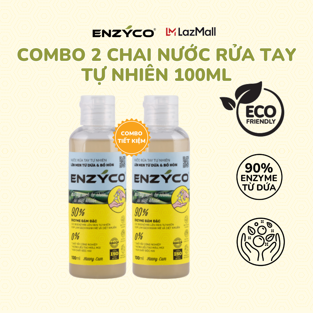 Combo 2 chai nước rửa tay sinh học ENZYCO 100ML - 90% Enzyme từ dứa giúp làm sạch mạnh mẽ, diệt khuẩn, bảo vệ da tay, mềm da - Hương cam