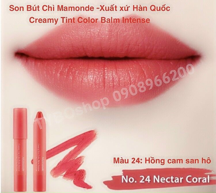 💋son bút chì mamonde creamy tint color balm intense# màu hồng cam san hô # 2.5 g