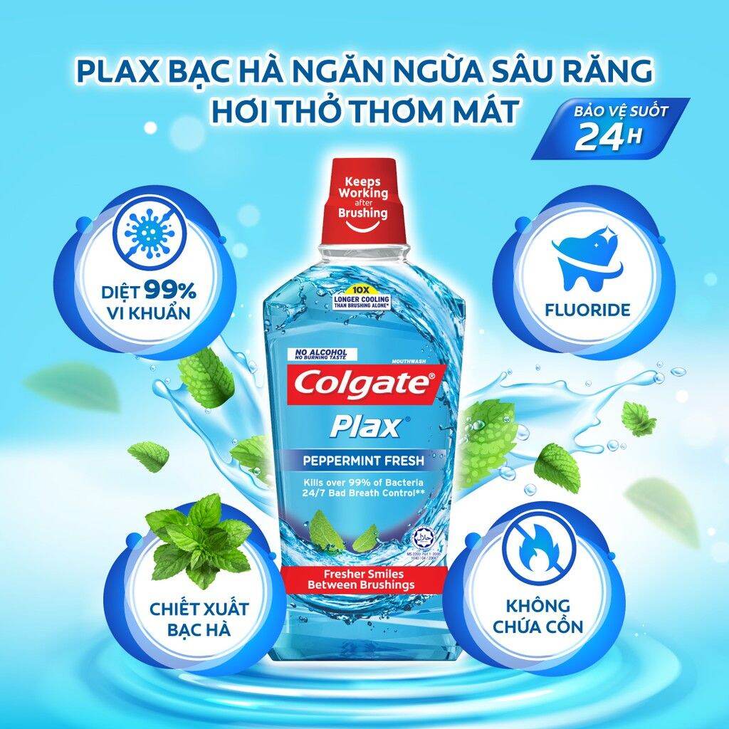 Nước súc miệng Colgate diệt 99% vi khuẩn Plax trà xanh / bạc hà 500ml