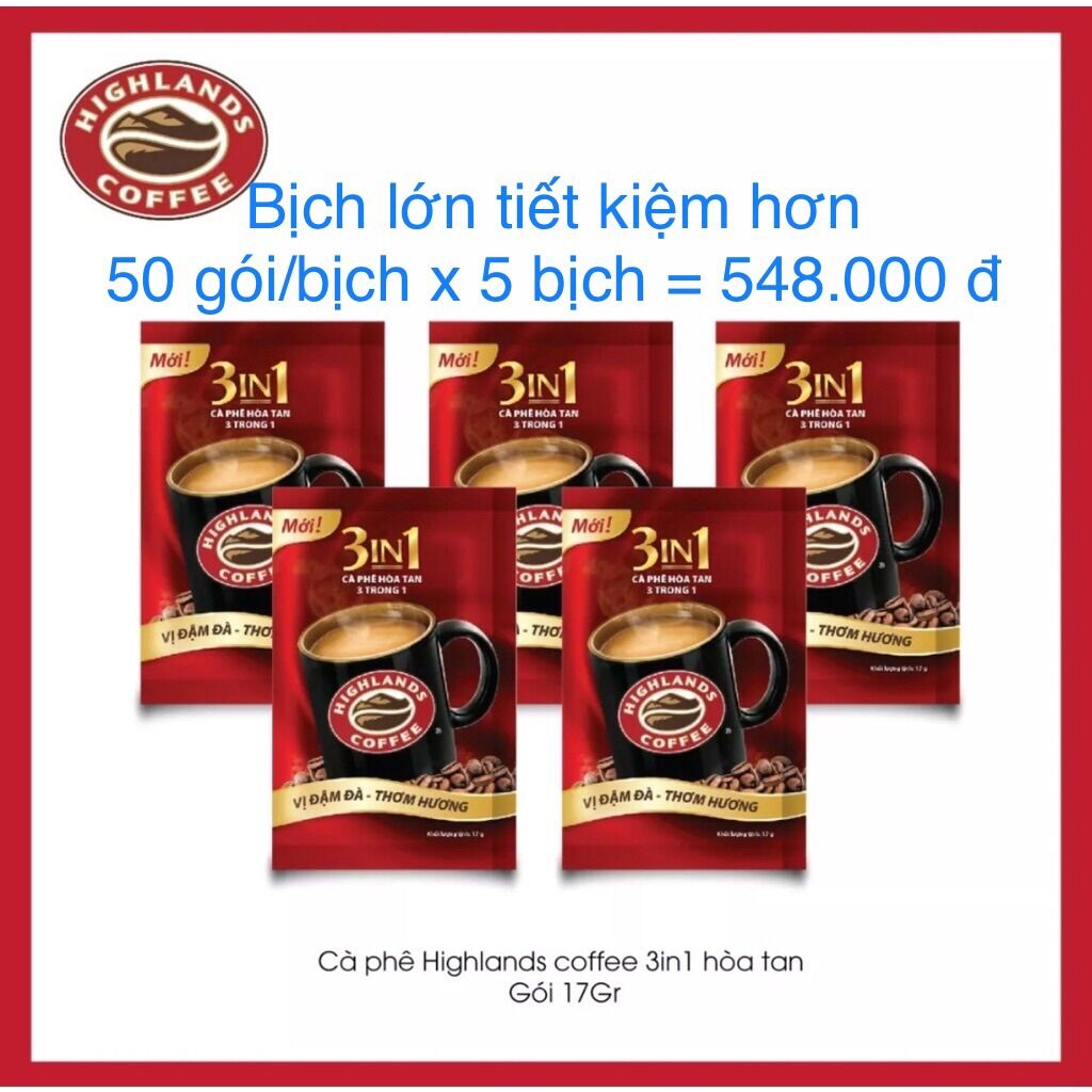 Chỉ 600.000 đ 1 combo = 5 bịch lớn x 50 gói/bịch cà phê highland coffee 3in1 hòa tan là sản phẩm hương vị thơm ngon, đậm đà, quyến rũ với vị cà phê thuần khiết, đem đến những giây phút sảng khoái khi thưởng thứ