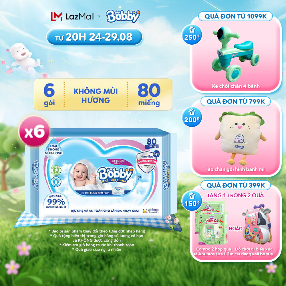 Combo 6 gói Khăn ướt trẻ em Bobby Care Không mùi hương - Gói bổ sung 80 miếng