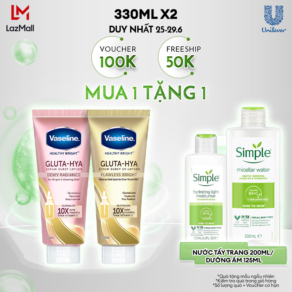 Combo Sữa dưỡng thể Ngày & Đêm Vaseline Gluta-Hya Dưỡng Da Sáng Mịn Sau 7 Ngày 330 ML/chai