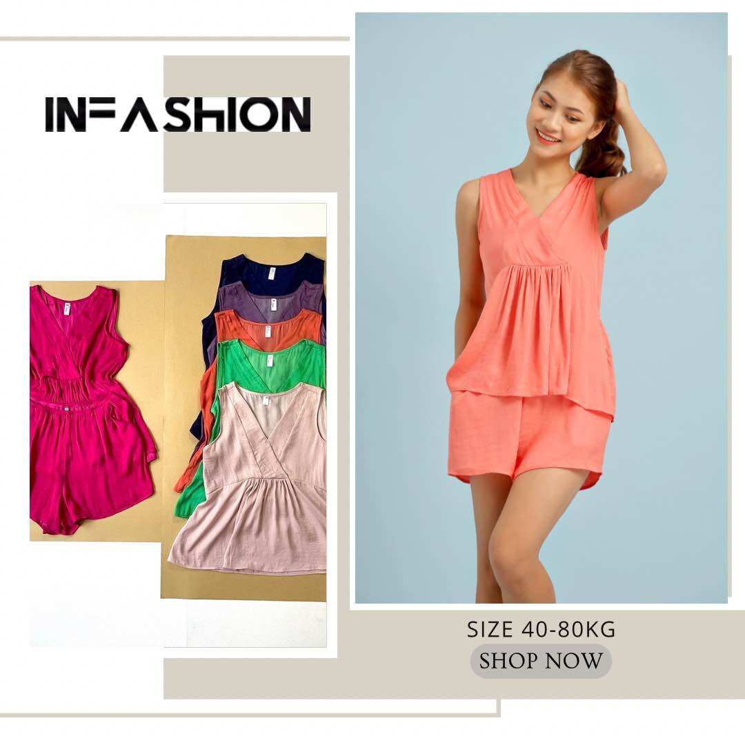 Đồ bộ lụa đùi mặc nhà cổ V nhún không tay Infashion